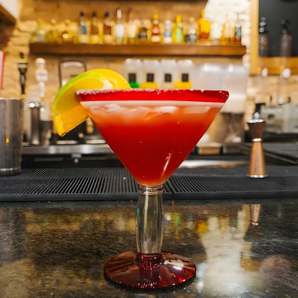 A vibrant red El Agave Mexican Grill margarita with a lime wedge and salt rim on a bar.