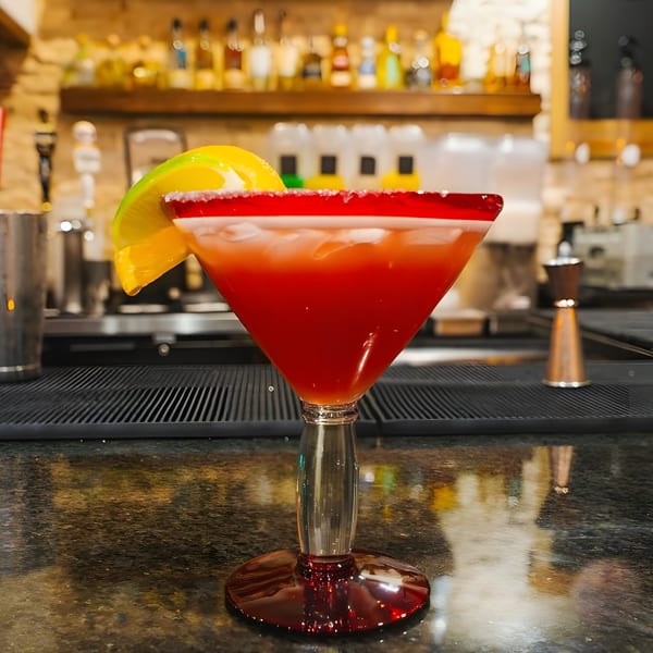 A vibrant red margarita with a salted rim and lime wedge sits on a dark bar counter.