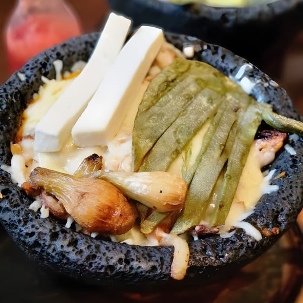 El Agave Mexican Grill's molcajete with melted cheese, nopales, and grilled onions.