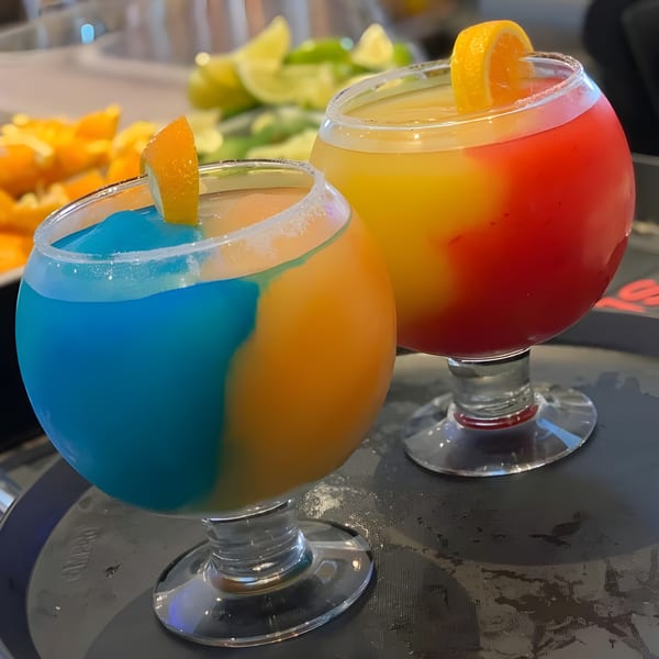 Two colorful frozen margaritas, one blue and orange, the other yellow and red, garnished with orange slices.