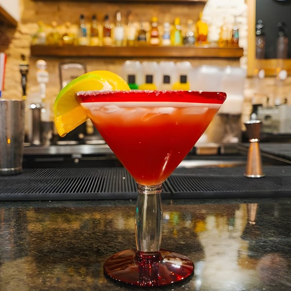 A vibrant red margarita with a salted rim and lime wedge sits on a dark bar counter.