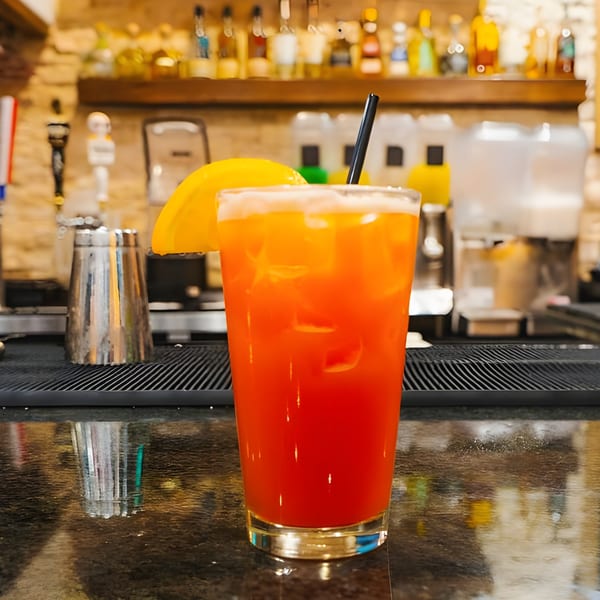 A vibrant orange and red cocktail with an orange slice and black straw sits on a bar.
