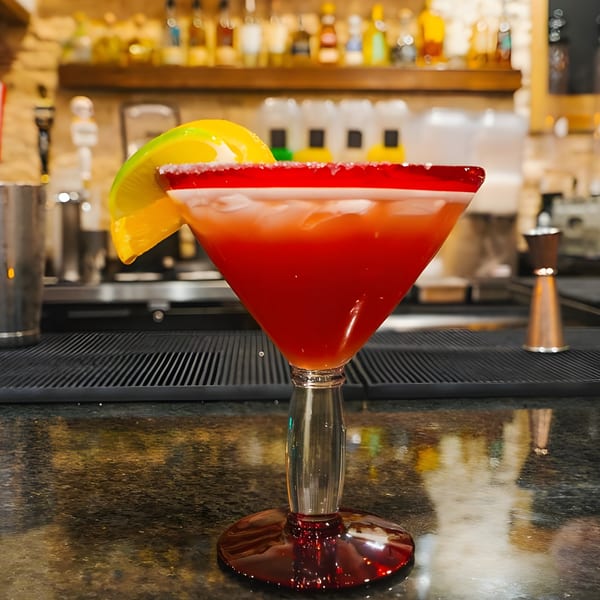 A vibrant red margarita with a salted rim and lime wedge sits on a bar counter at El Agave Mexican Grill.