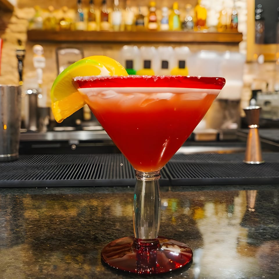 A vibrant red margarita with a salted rim and lime wedge sits on a bar counter at El Agave Mexican Grill.